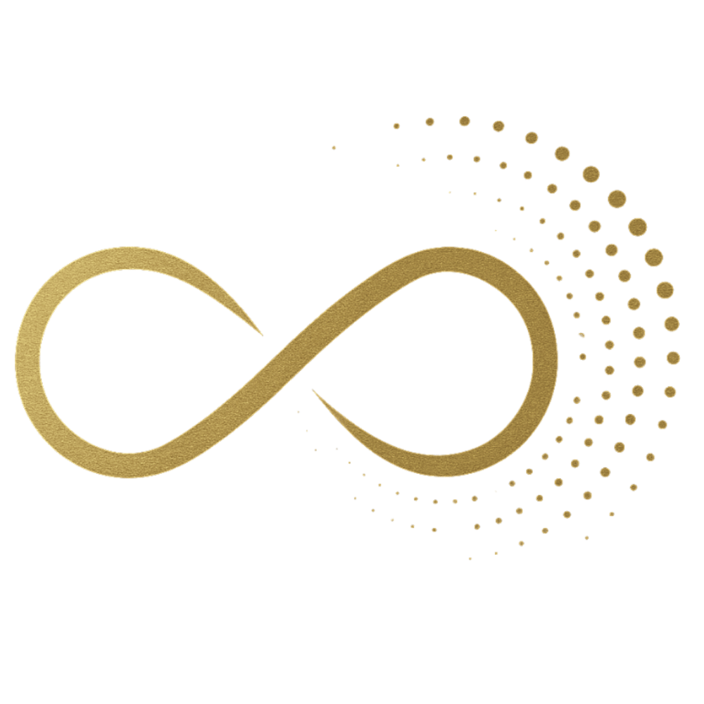 Goldenes Unendlichkeitszeichen, das rechts in kleine Punkte zerfällt.