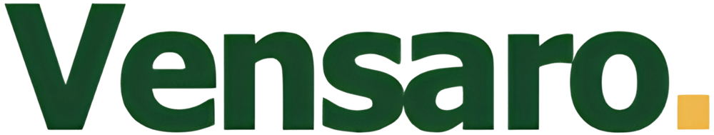 Grünes "Vensaro"-Logo mit einem gelben Quadrat rechts vom "o".