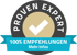 Rundes Proven Expert-Logo mit weißem Häkchen auf beigem Kreis und blauem Banner: 100% Empfehlungen, Mehr Infos.