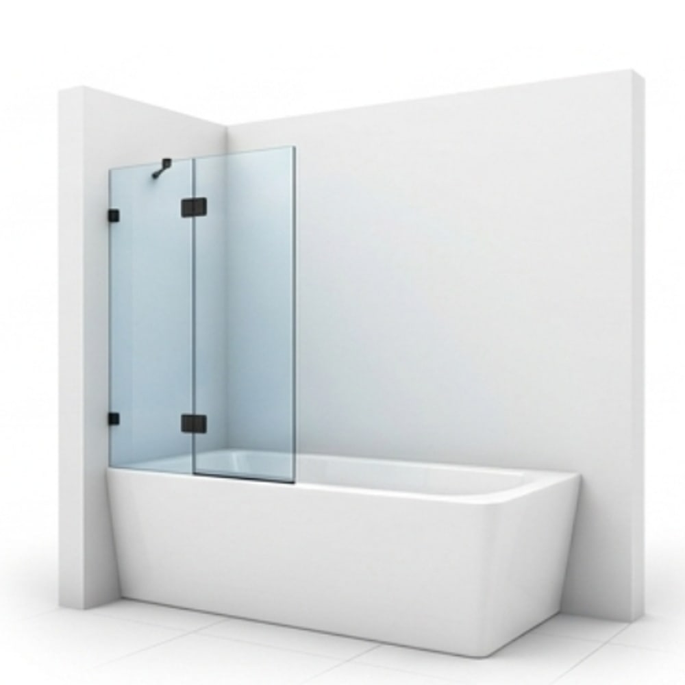 Weiße Badewanne mit schwarzer Duschwand aus Glas und schwarzen Scharnieren.