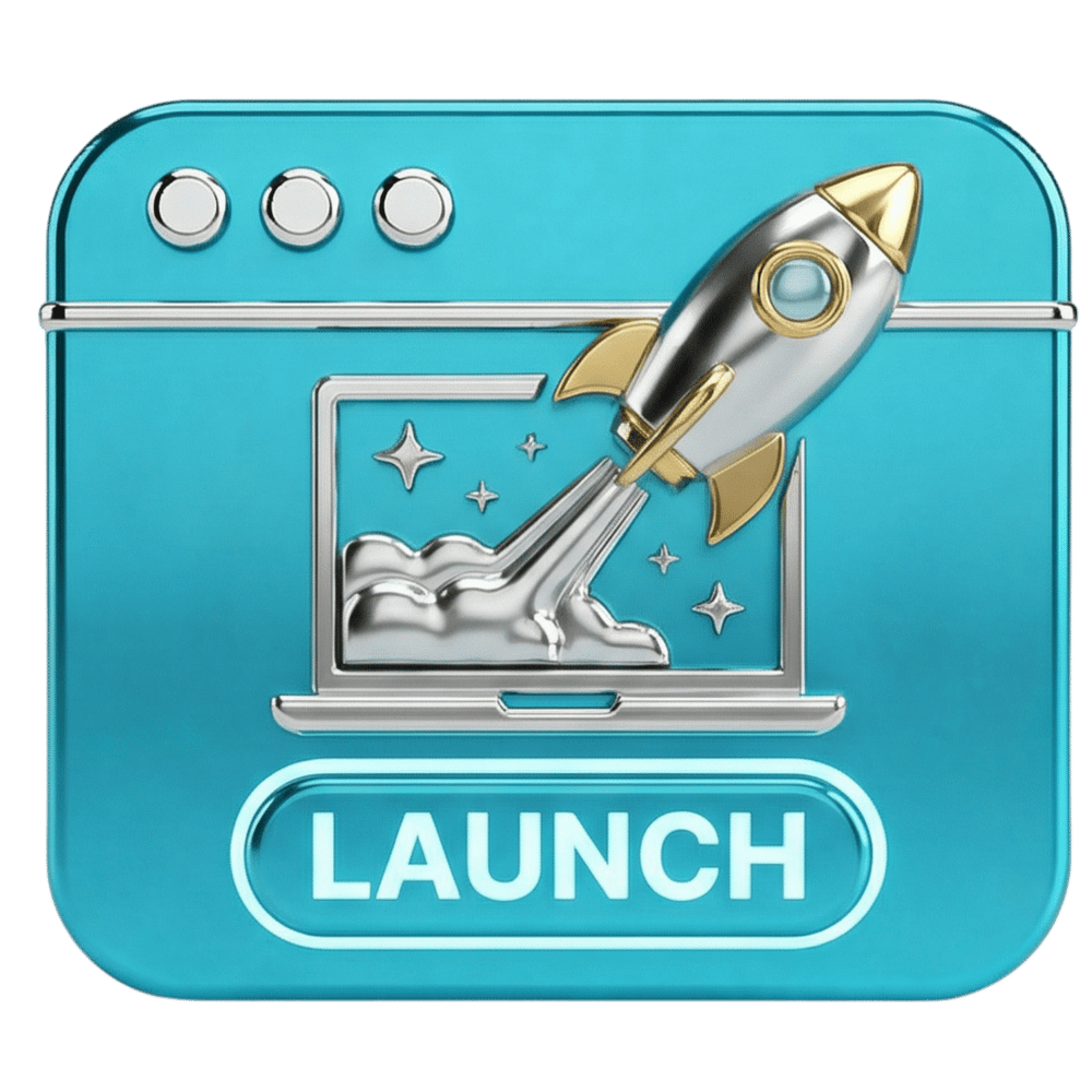Blauer App-Icon mit silberner Rakete, die von einem Laptop startet. Unten steht "LAUNCH".