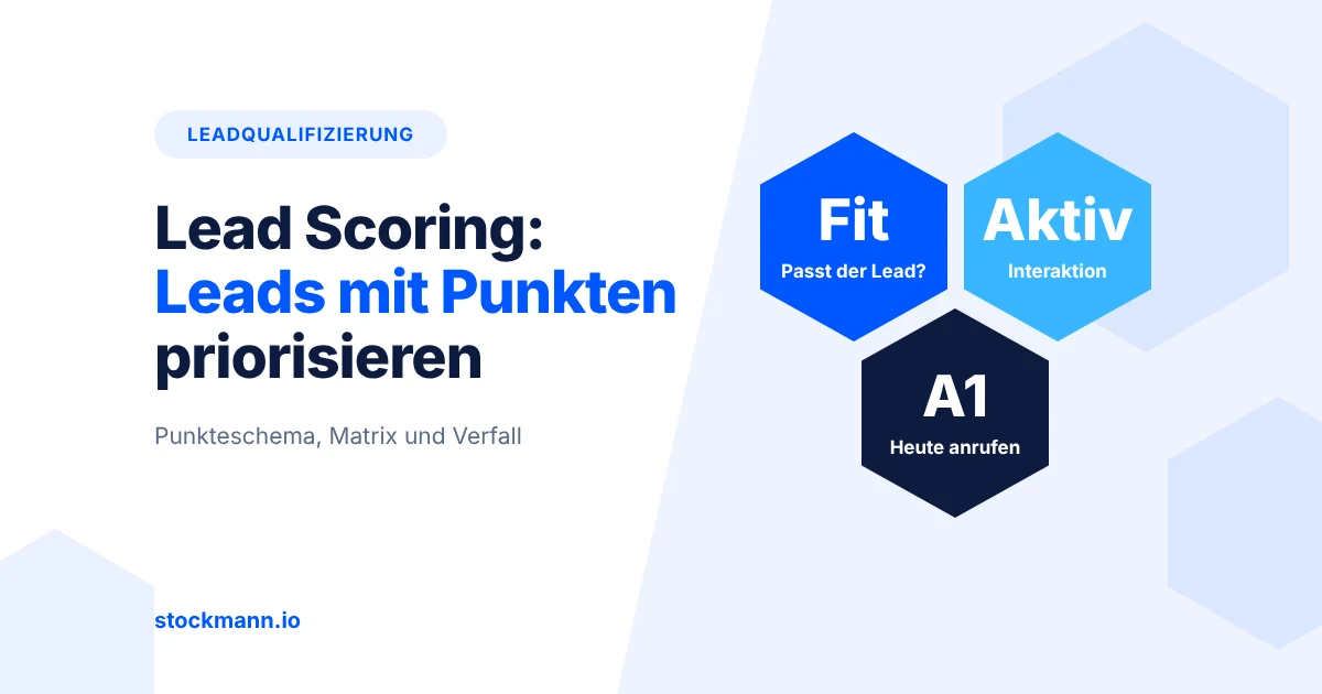 Lead Scoring für IT-Unternehmen: drei Waben mit Fit, Interaktion und Score neben dem Titel Leads mit Punkten priorisieren