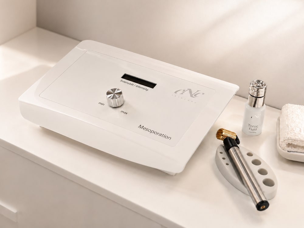 Mesoporationsgerät und hygienisch vorbereiteter Arbeitsplatz im SWON Studio in Pforzheim