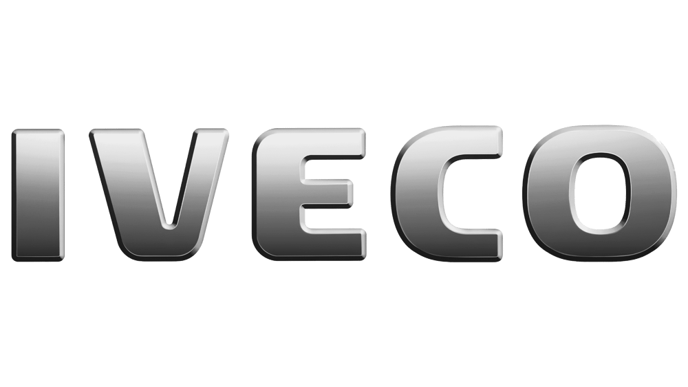 Silbernes, glänzendes Iveco-Logo auf dunkelgrünem Hintergrund.