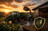 Traktor und Teleskoplader beim Verladen von Heuballen vor einer Scheune bei Sonnenuntergang mit Wappen-Logo im Vordergrund.