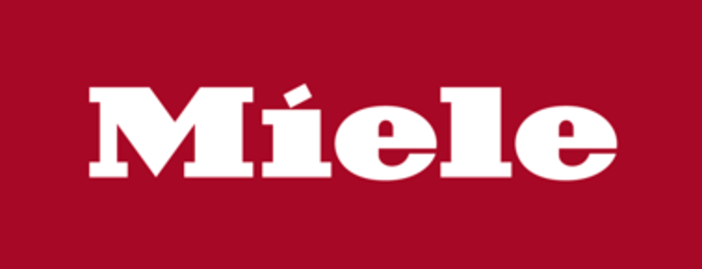 Weißes Miele-Logo auf rotem Hintergrund.