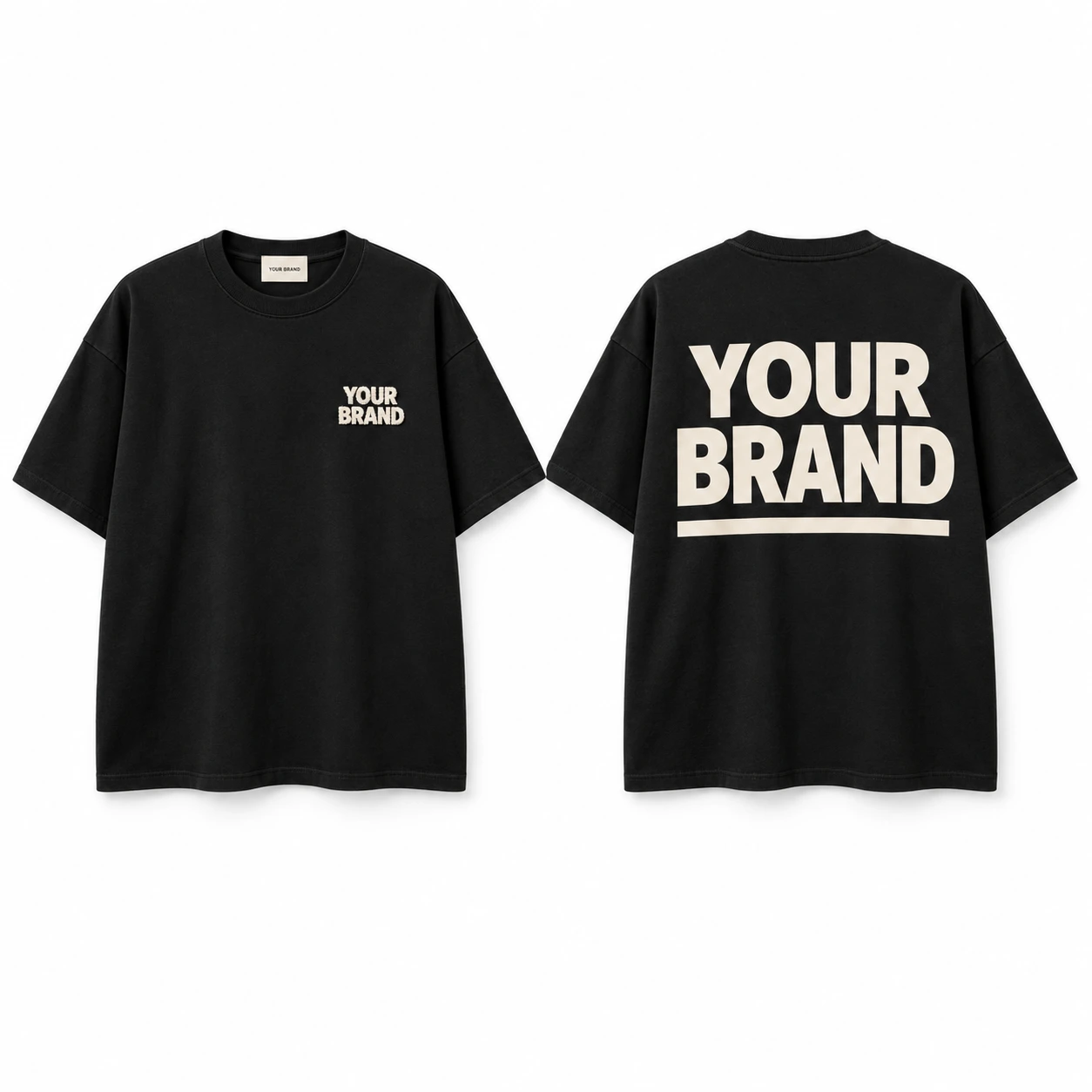 Produktvisualisierung: schwarzes Oversize-Shirt von vorne und hinten mit beispielhaftem Branding