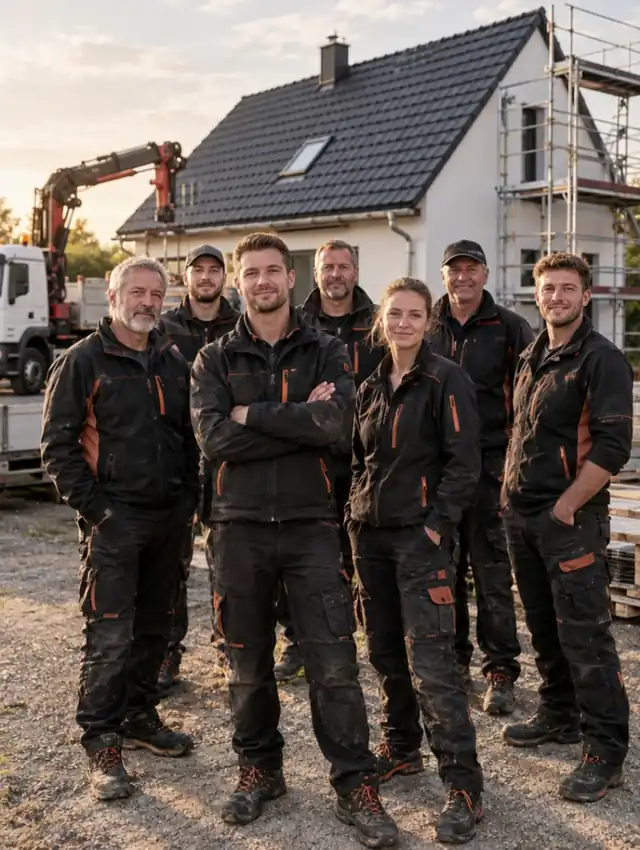 Das Wessel-Dachdeckerteam vor einer Baustelle
