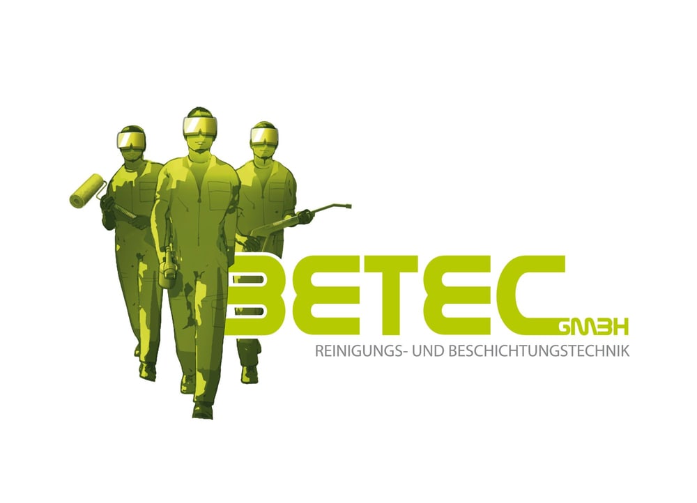 Drei grüne Figuren in Schutzkleidung mit Werkzeugen, daneben "BETEC GmbH REINIGUNGS- UND BESCHICHTUNGSTECHNIK".