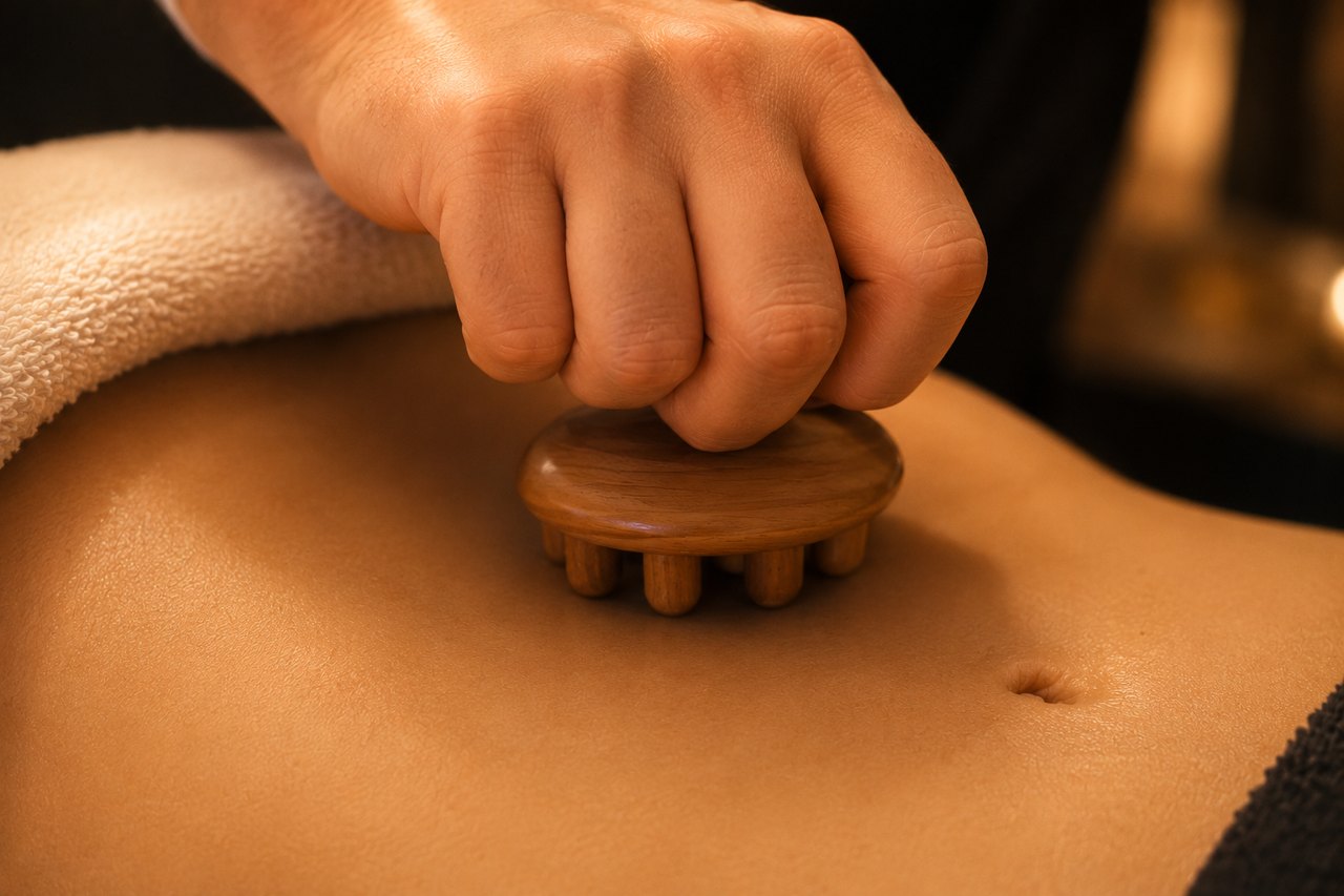 Madero Body Massage am Bauch einer Kundin mit einem Holzelement im SWON Studio in Pforzheim
