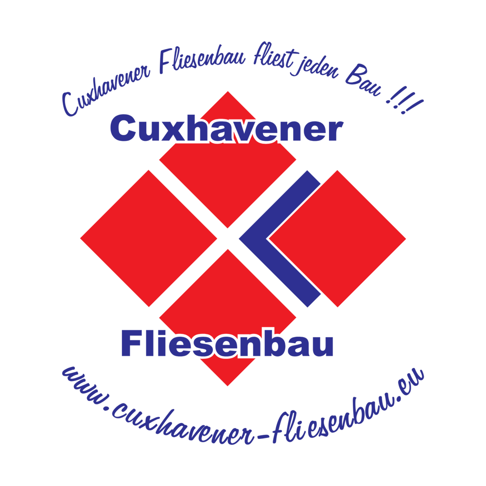 Cuxhavener Fliesenbau Logo: Vier rote Rauten, eine blaue Raute, Text "Cuxhavener Fliesenbau" und Webadresse.