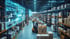 Modernes Logistikzentrum mit Gabelstaplern, hohen Regallagern und einer eingeblendeten, leuchtend blauen Datenvisualisierung.
