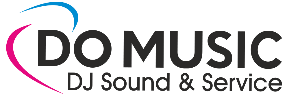 „DO MUSIC DJ Sound & Service“ Logo mit herzförmigem Design in Pink und Blau.