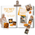 Offenes Rezeptbuch mit "Secret Rezepte", einer lächelnden Frau, Kürbissen und Backwaren, umgeben von Fotos.