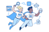 Zwei Comicfiguren mit Umhängen, umgeben von Symbolen für Web-Scraping und Datenextraktion.