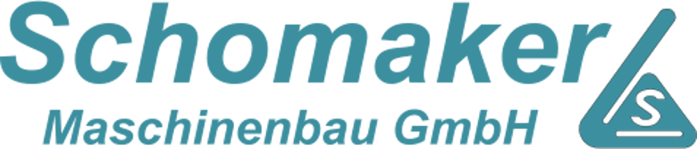 Schomaker Maschinenbau GmbH Logo mit dem Text "Schomaker Maschinenbau GmbH" in Blau und einem blauen Dreieck-Symbol.