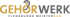 GEHÖRWERK Logo: Goldene und graue Schrift mit Ohrensymbol, darunter "FLENSBURGS MEISTERDUO".
