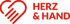 Rotes Logo mit Herz und Hand Symbol und dem Text "HERZ & HAND" auf grünem Hintergrund.