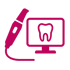 Roter Umriss eines intraoralen Scanners neben einem Computermonitor mit einem Zahn darauf.