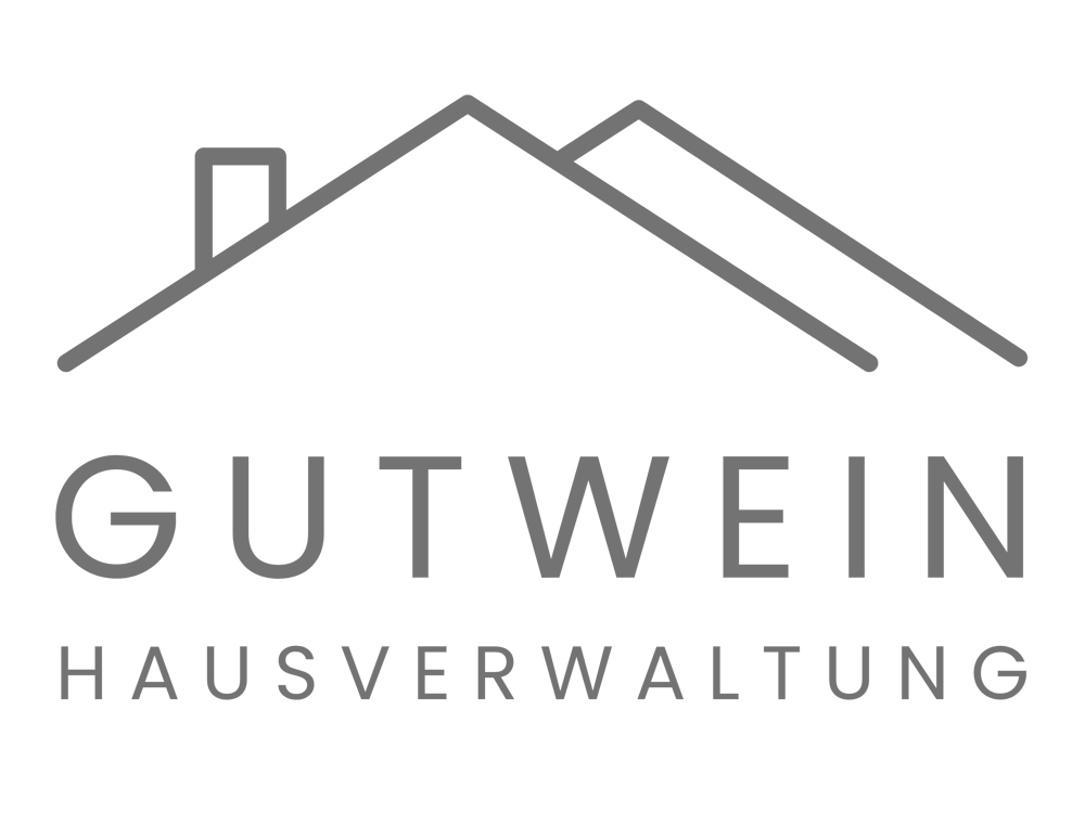 Graues Dachlinien-Logo mit Schornstein und Text "GUTWEIN HAUSVERWALTUNG" auf transparentem Hintergrund.