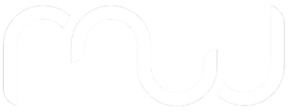 Abstraktes Logo mit den stilisierten, weiß geschwungenen Buchstaben MWJ auf schwarzem Hintergrund.