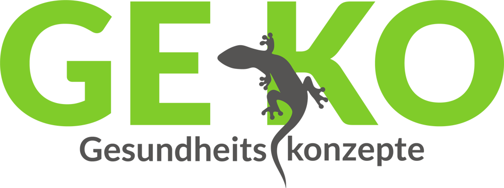 GEKO Logo mit grünem Text und einer grauen Eidechsensilhouette; darunter "Gesundheitskonzepte".
