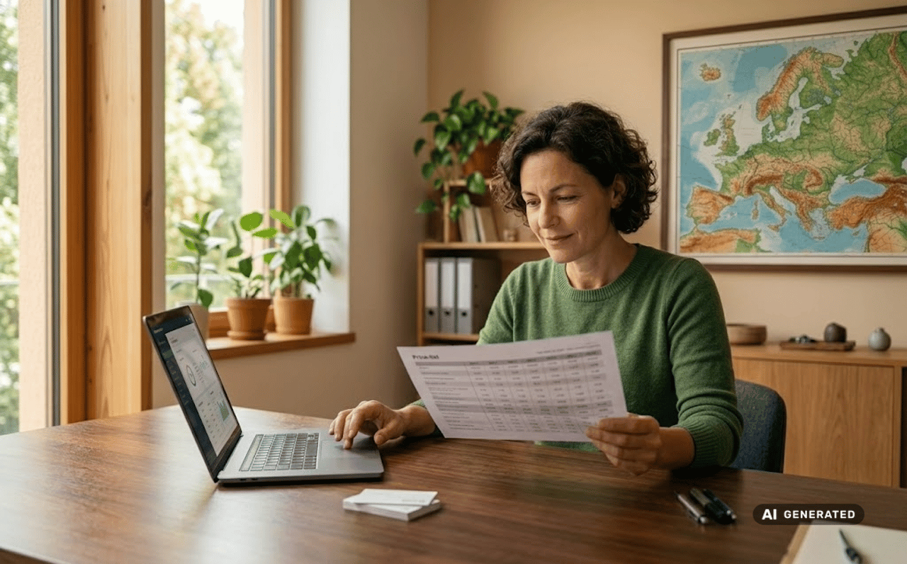 School director at her desk reviewing a price list, calm office atmosphere.