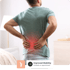 Man in t-shirt holding lower back with red pain spot, chronic pain treatment, schedule appointment