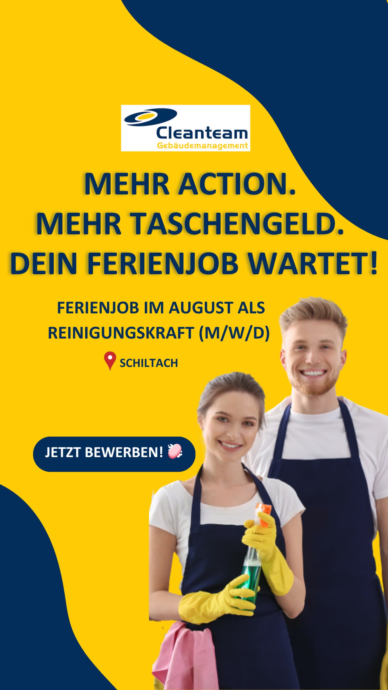 Recruiting-Anzeige CTG Cleanteam: Frau und Mann in Schürzen, „Dein Ferienjob wartet!“