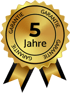 Goldene Rosette mit „5 Jahre“ in der Mitte und „GARANTIE“ im Kreis, mit zwei goldenen Bändern darunter.