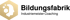 Goldenes Logo mit hexagonalem Umriss, stilisiertem Kopf und kleinen Sechsecken, daneben "Bildungsfabrik Industriemeister Coaching".
