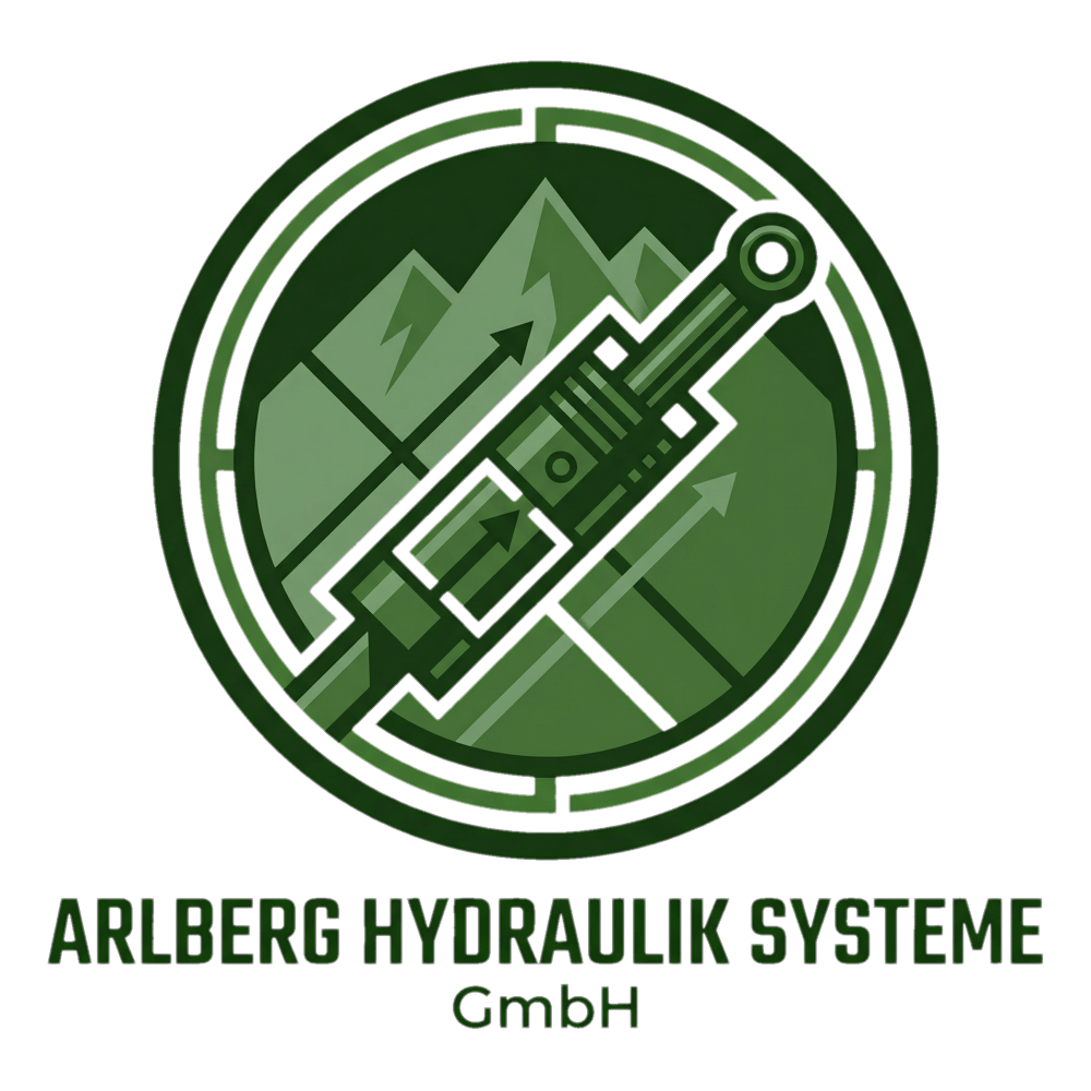 Grünes Logo mit Hydraulikzylinder, Bergen und Pfeilen, Text "ARLBERG HYDRAULIK SYSTEME GmbH".