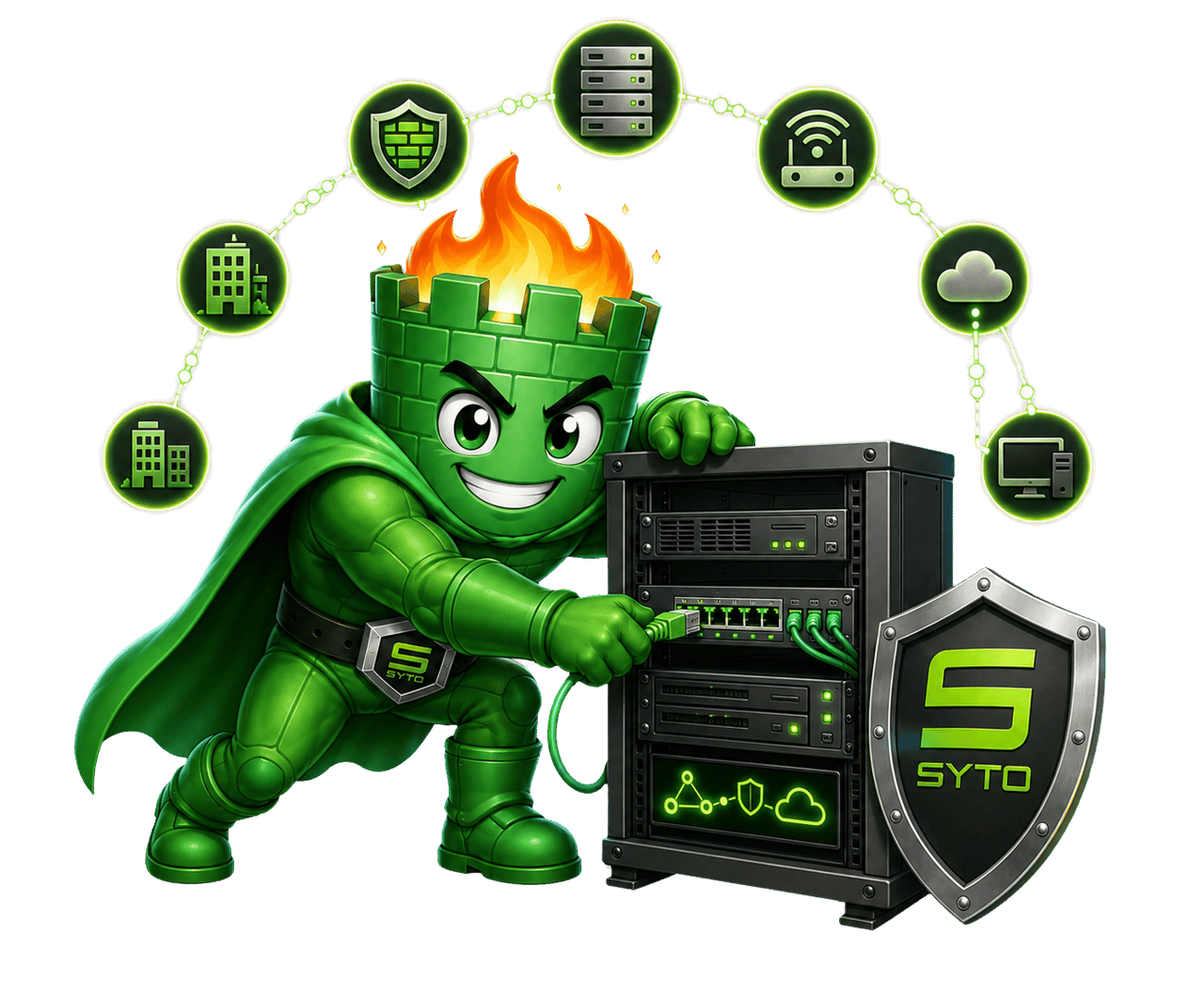 Grünes SYTO-Maskottchen schließt Netzwerkkabel an ein Server-Rack an, daneben ein Schutzschild als Sinnbild für eine gepflegte Unternehmens-Firewall