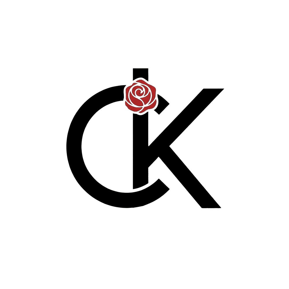 Christopher Krassnig Logo. Black letters "i" and "K" intertwined, with a red rose replacing the dot of the "i".