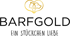 BARFGOLD Logo: goldenes Herz mit Hund und Katze, Text "BARFGOLD EIN STÜCKCHEN LIEBE"