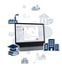 Laptop mit Software-Interface umgeben von Icons für Industrie, Bildung, Energie, Finanzen und öffentliche Gebäude - Software für Alarmierung - Notfall- und Krisenmanager (NKM®).