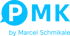 Blaues PMK-Logo mit Sprechblasenform um "P", darunter "by Marcel Schmikale".