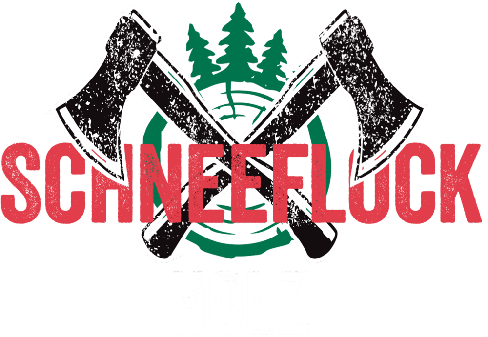 Text auf grünem und rotem Hintergrund: "SCHNEE FLOCK MACHT DAS HOLZ".