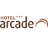 Logo des Hotel Arcade mit drei Sternen und einem braunen Bogen auf der rechten Seite.