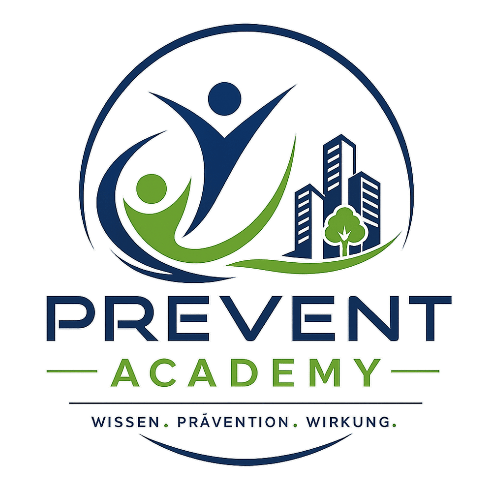 Logo der Prevent Academy mit abstrakten Figuren, Stadt-Silhouette und Slogan Wissen, Prävention, Wirkung.