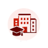 Rotes Icon eines Schulgebäudes mit einem davor platzierten Doktorhut auf hellem kreisförmigem Hintergrund - Software für Stabsarbeit - Notfall- und Krisenmanager (NKM®).