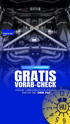 Motorraum eines Lamborghini mit TUVNORD-Logo und Text: "GRATIS VORAB-CHECK" und "KEINE ÜBERRASCHUNGEN MEHR BEI DER HU".