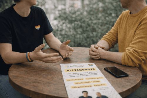 Two people talking at a table with an "Alltagshilfe" brochure and a smartphone.