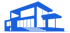 Modernes blaues Haus auf dunkelgrünem Hintergrund.