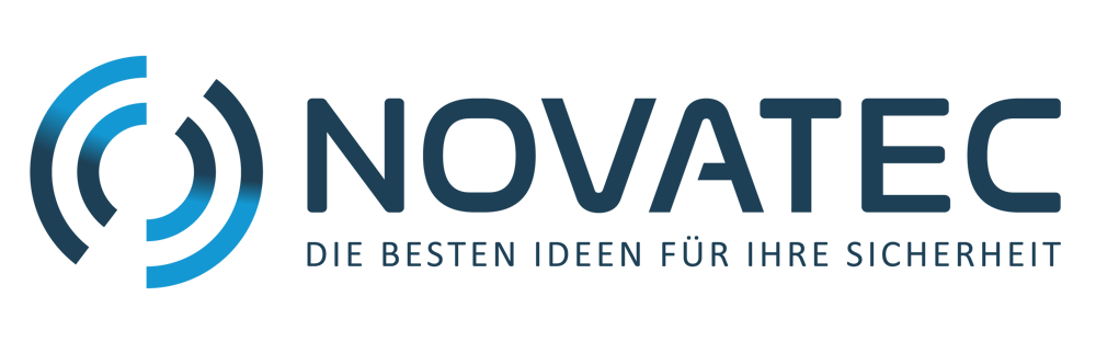 Novatec Logo mit dem Slogan Die besten Ideen für Ihre Sicherheit neben einem blauen Kreis-Symbol auf schwarzem Grund.