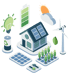 Isometrische Grafik eines Hauses mit Solaranlage, Windkraftrad, Batterien und grüner Glühbirne für erneuerbare Energien.
