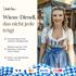 Lachende Frau im Dirndl mit Text "Wiesn-Dirndl, das nicht jede trägt" und Logos.