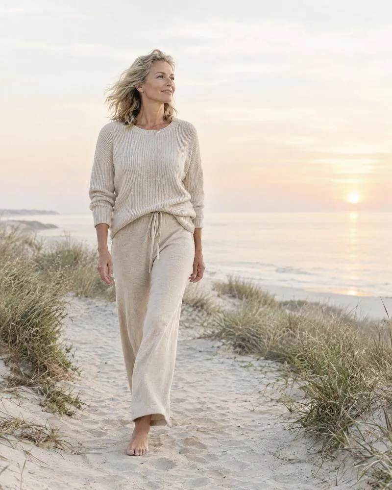 Frau beim Spaziergang am Meer bei Sonnenaufgang