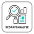 Lupe mit Häkchen, Dokument mit Schild, Flasche und Balkendiagramm, darunter Text "BEDARFSANALYSE".