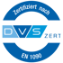 Blaues DVS ZERT Logo mit den Texten "Zertifiziert nach" und "EN 1090".